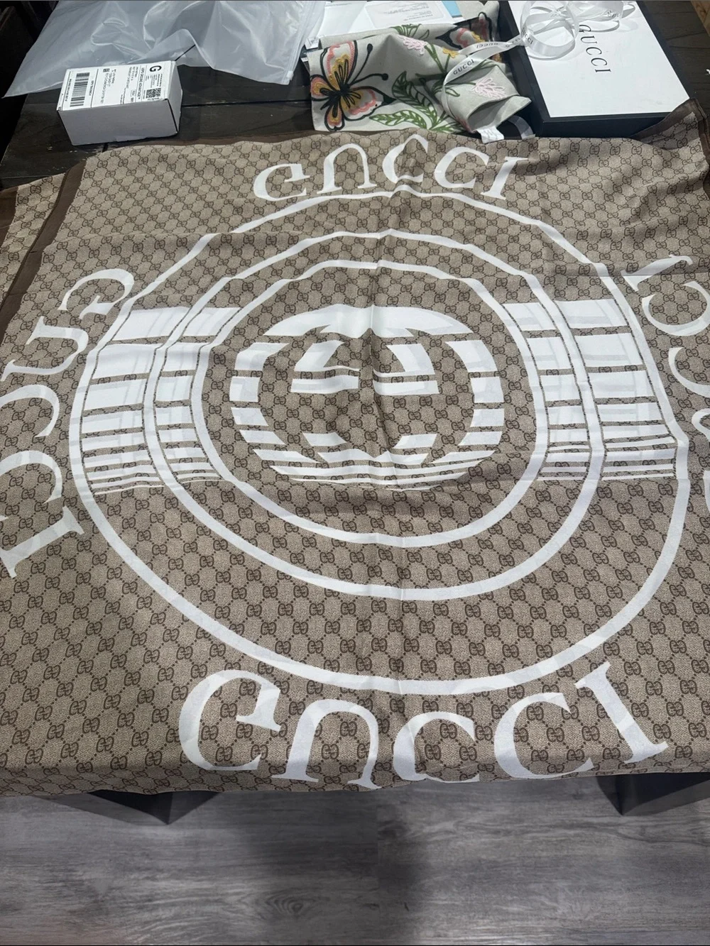 Beige Brown Monogram Throw with White Logo Overlay